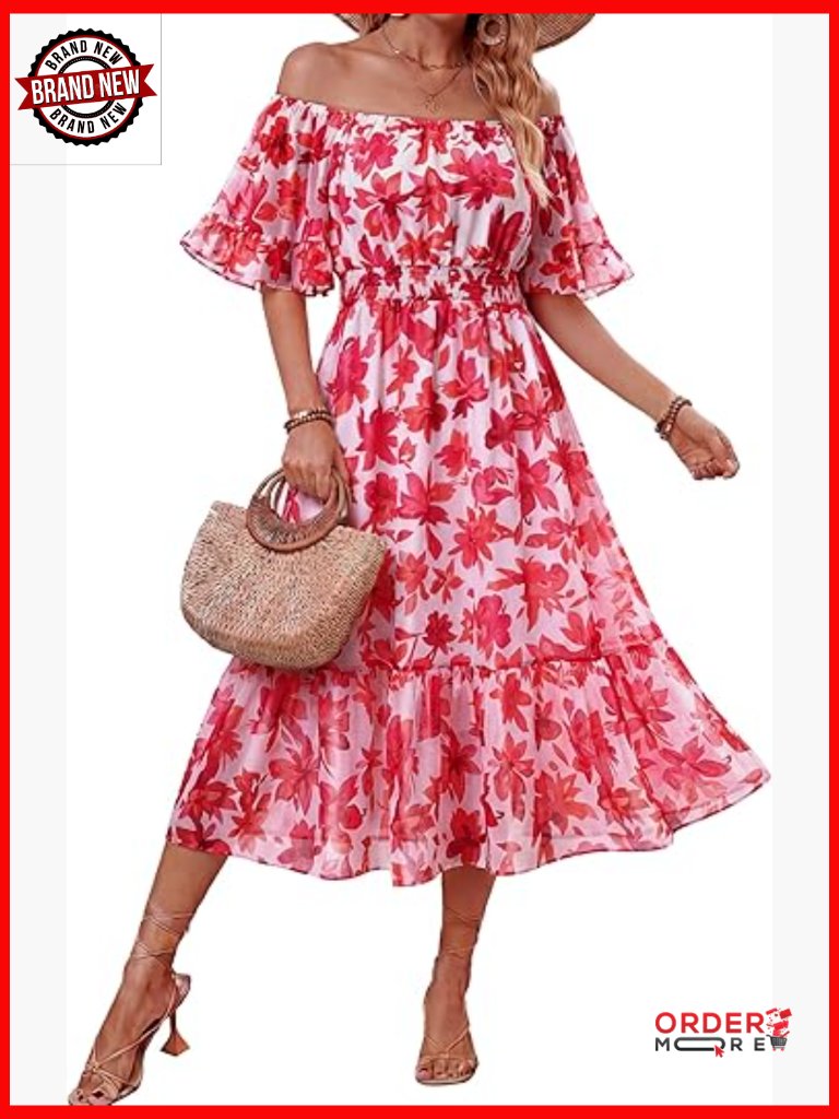 Boho Off Shoulder Midi Dress Ruffle Sleeve Smocked Waist Flowy